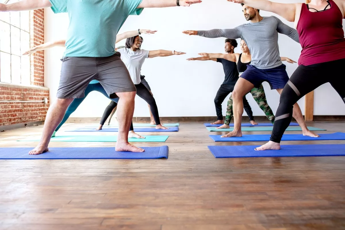 Adults in a yoga pose in a sunny studio