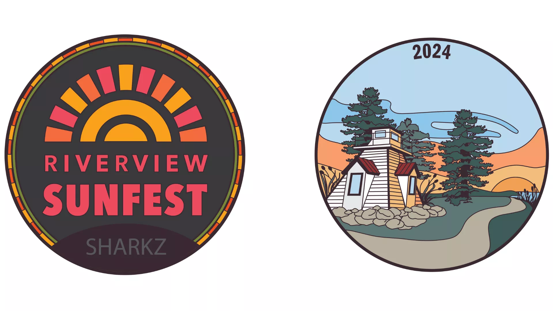 Photo of the 2024 SUNFEST Geocoin: Side 1 has the SUNFEST logo, Side 2 has a graphic design of the lighthouse on the Riverfront Trail with a sunset