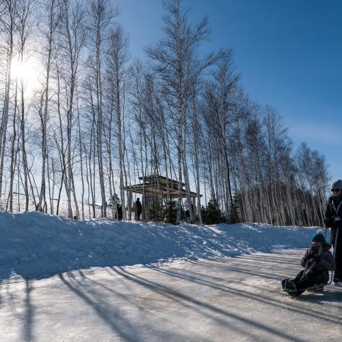 A woman pushing a child on a sledge skating outdoor rink 