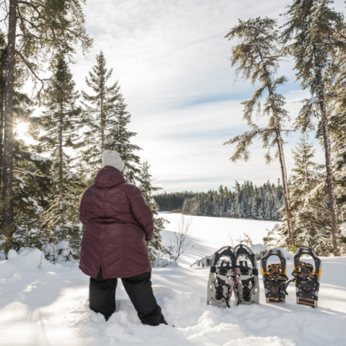 A woman looking over a snowy landscape with snowshoes