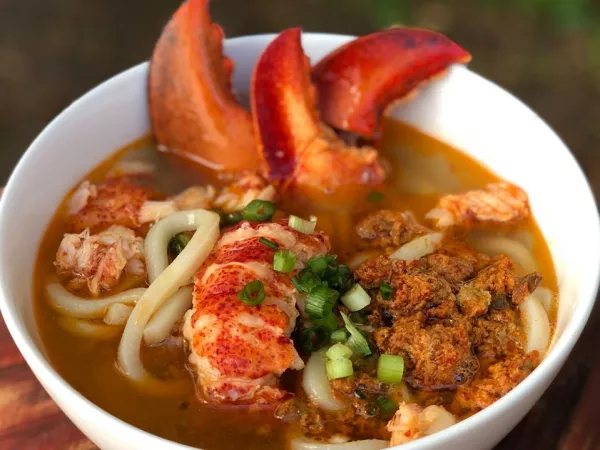 A bowl of seafood noodles 