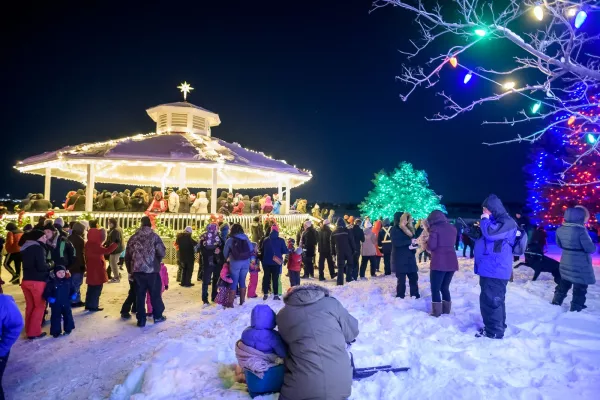 Members of the public gathered around the illuminated gazebo and trees.