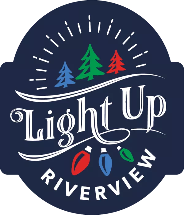Light Up Riverview Logo with trees and bulbs in blue, green and red.