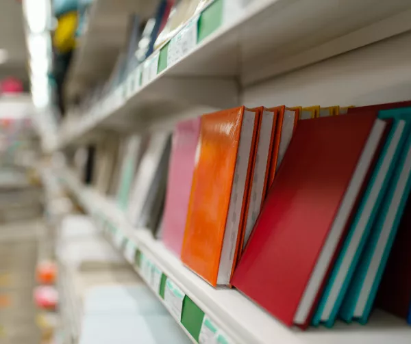 Notebooks on a shelf 