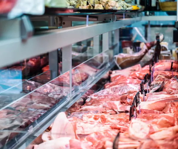 A display of meat in a butcher shop 