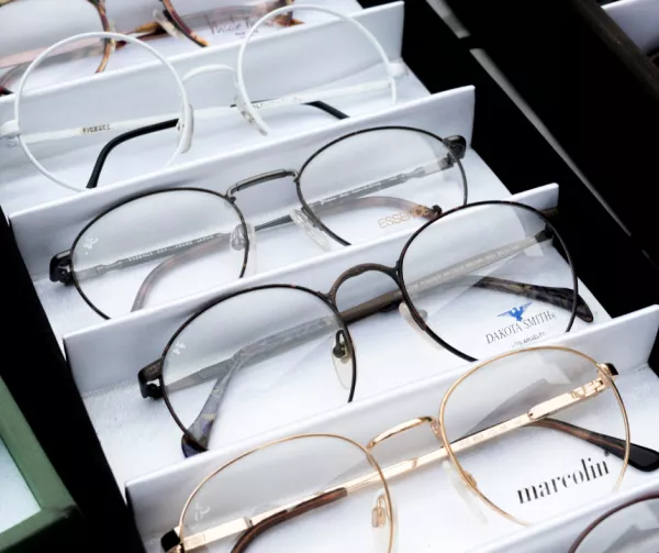A display case of eye glasses