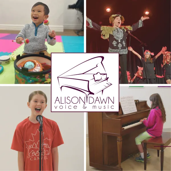Collage photo of a child Playing the piano, a child singing, a child playing the drum, and a theater preformance.