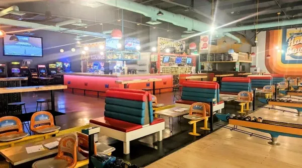 Interior of Holy Bowly, a retro style bowling alley. 