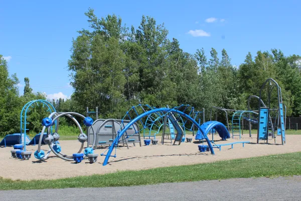 A playground with trees in the background located on Irving Road 