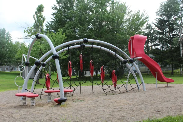 A playground next to the Lions pool surrounded by trees and houses 