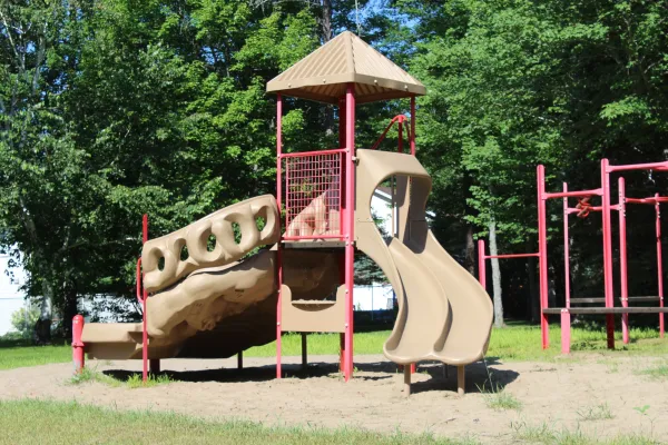 A playground with trees in the background located by McAllister Road