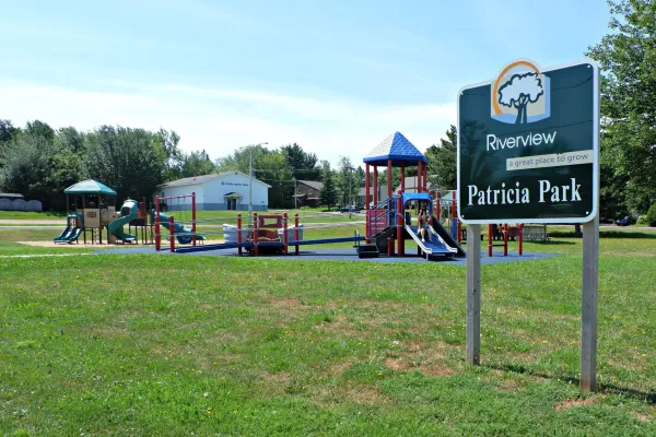 Two playground structures next to the Patricia Park Riverview sign. 