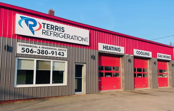 Terris Refrigeration business location. A red and grey service building with company signage.