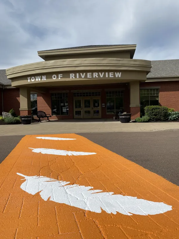 An orange crosswalk with white feathers painted outside Town Hall