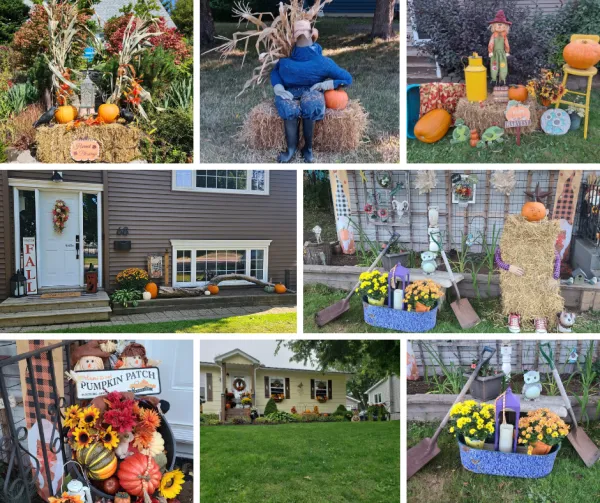 A collage of front yards with straw and pumpkin displays 