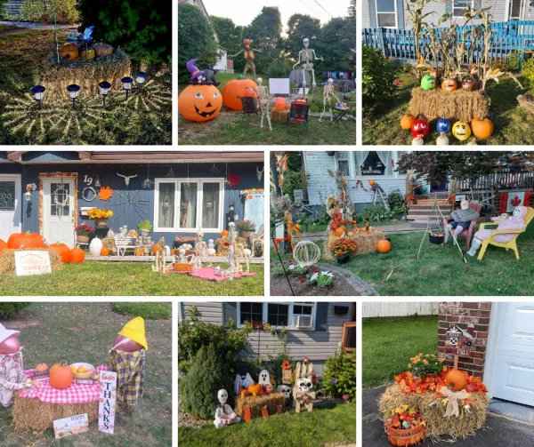 A collage of homes with straw and pumpkin displays 