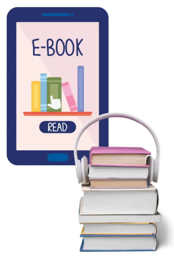 Graphic of an e-book and headphones on a pile of books.