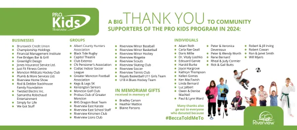 Names of all of the businesses, groups, individuals and in memoriam gifts received in support of PRO Kids in 2024