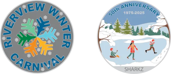 Riverview Winter Carnival geocoin (side 1- carnival logo; side 2 is 3 skaters on the Winter Wonderland Park skating oval)