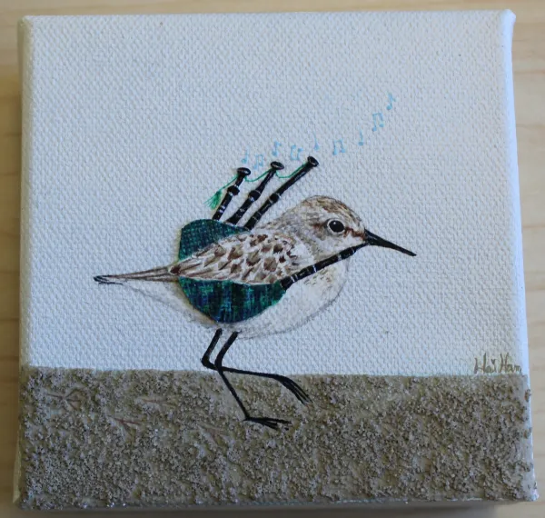 Painting of a sandpiper playing bagpipes