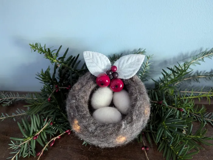 Photo of rug hooked bird's nest with eggs and holly.