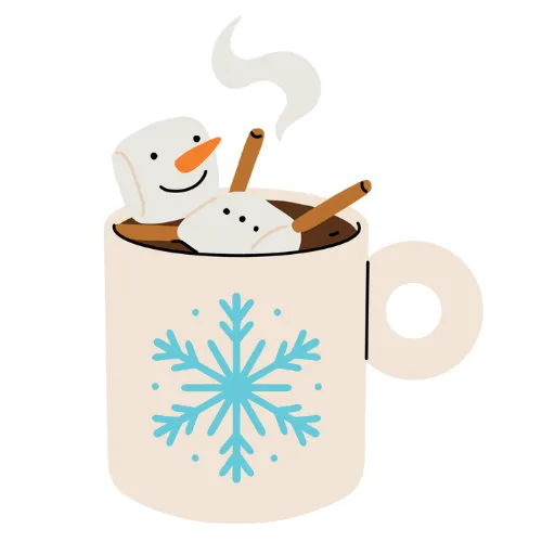 Snowman melting in a steaming mug of hot chocolate.