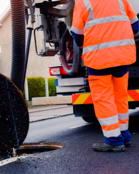 Construction worker cleaning sewer