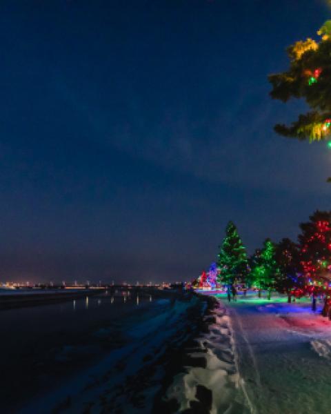 View of city lights and christmas lights across the river at night