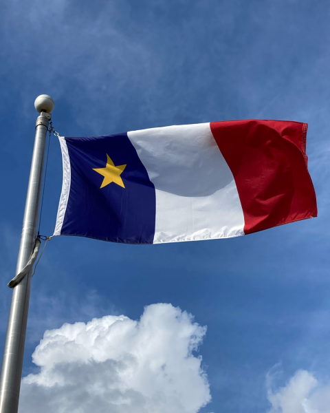 Acadian flag flying in front of a blue sky at Town Hall