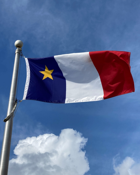 Acadian flag flying in front of a blue sky at Town Hall 