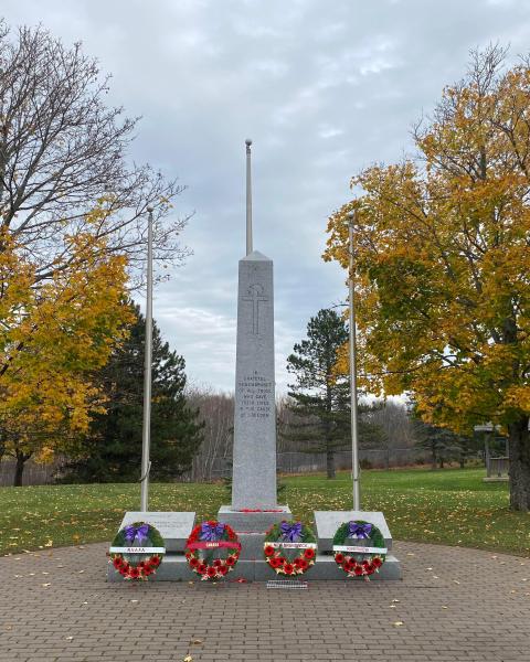 Cenotaph monument with remembrance day wreaths