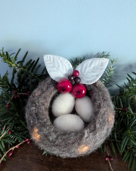 Photo of rug hooked bird's nest with eggs and holly.