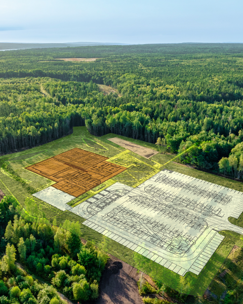 Aerial view of a map overlay on a wooded area for future building