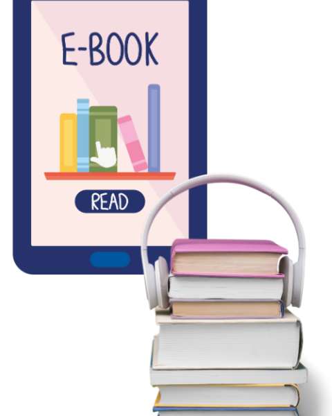 Graphic of an e-book and headphones on a pile of books.