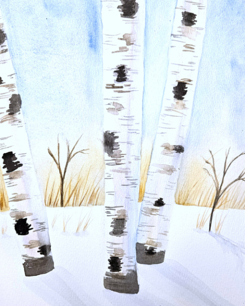 Watercolour painting with birch trees.