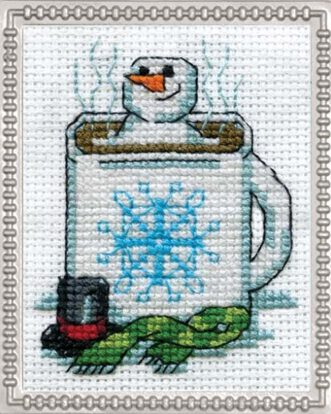 Cross stitch pattern of a snowman melting in a mug of hot chocolate.