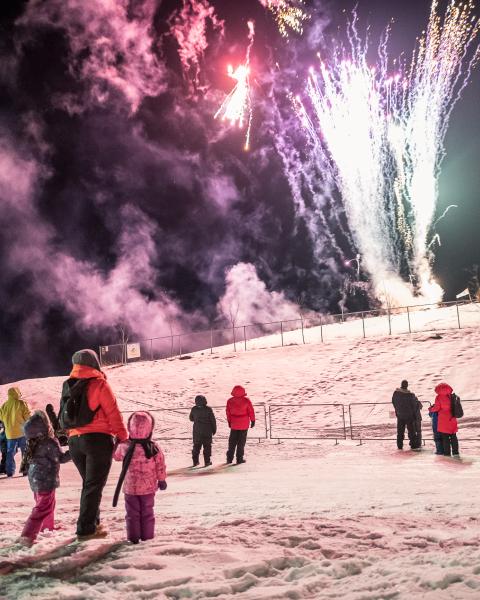 People watching fireworks at Winter Wonderland Park during Ignite.