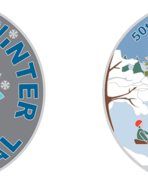 Riverview Winter Carnival geocoin (side 1- carnival logo; side 2 is 3 skaters on the Winter Wonderland Park skating oval)