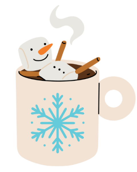 Snowman melting in a steaming mug of hot chocolate.