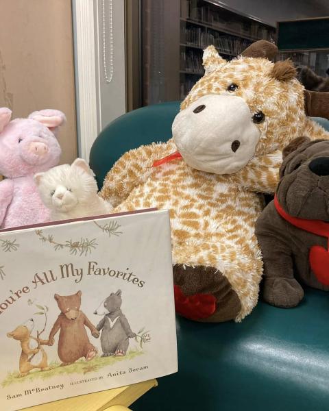 Stuffies sitting on a chair reading a book at the library